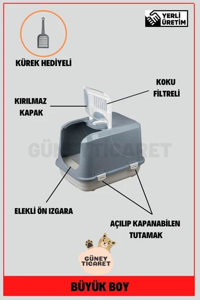 GÜNEY PET Büyük Boy Kapalı Kedi Tuvaleti Gri 58x42x42 Cm Kürek Hediyeli - 2