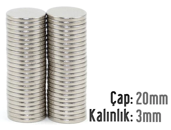 Neodyum Mıknatıs Silindir Çap 20mm , Kalınlık 3mm ( 3 Adet)