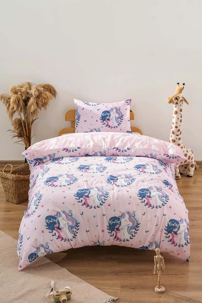 Unicornlu Kız Pembe Çift Taraflı Çocuk Nevresim Takımı Pamuklu