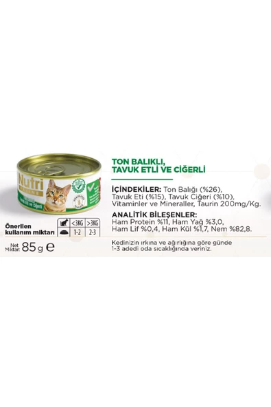 Nutri Feline 85gr Ton Balıklı Tavuk Etli Ciğerli Tahılsız Yaş Kedi Maması - 2