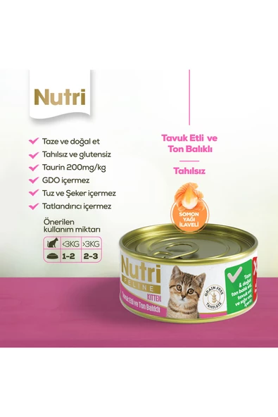 Nutri Feline Yavru Kediler İçin Tavuk Etli ve Ton Balıklı 85gr Tahılsız Kitten Yaş Maması