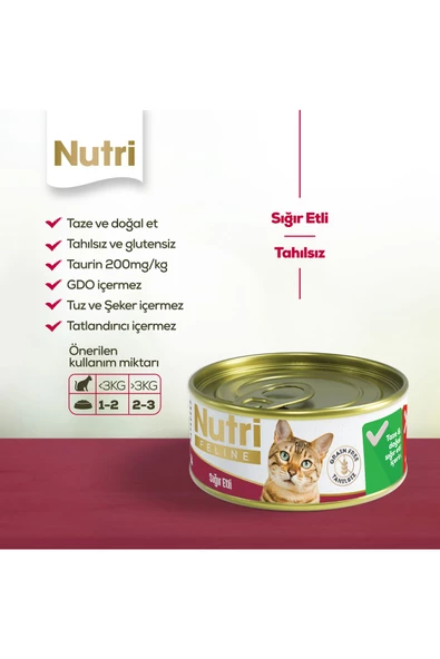 Nutri Feline Yetişkin Kediler için Sığır Etli 85gr Tahılsız Yaş Mama