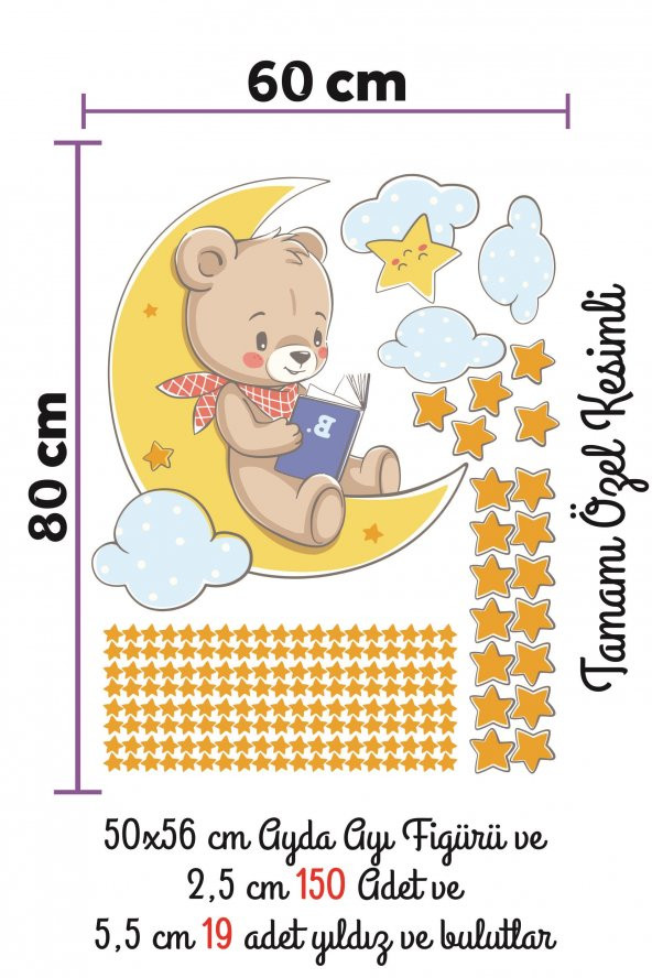 Ayda Kitap Okuyan Ayıcık Bulut ve Yıldızlar Çocuk Bebek Odası Sticker Seti - 3