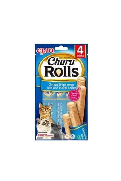 Inaba Ciao Churu Rolls Sticks Tavuk Sargılı Deniz Taraklı Ve Ton Balıklı Kedi Ödül Maması 10 gr 4 Ad