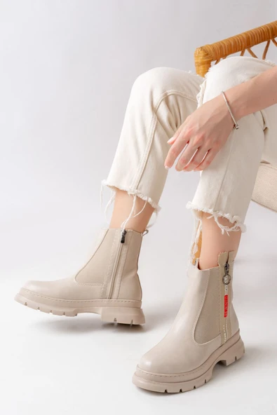 Asm-086 Bej Fashion Aksesuarlı Fermuarlı Günlük Kadın Bot