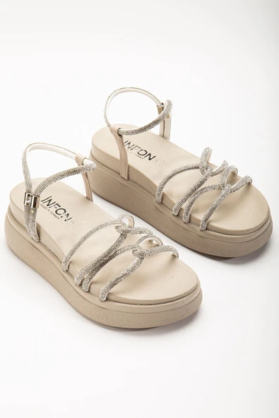 24422-1221 Bej Dolgu Topuk Kadın Sandalet - Resim 4