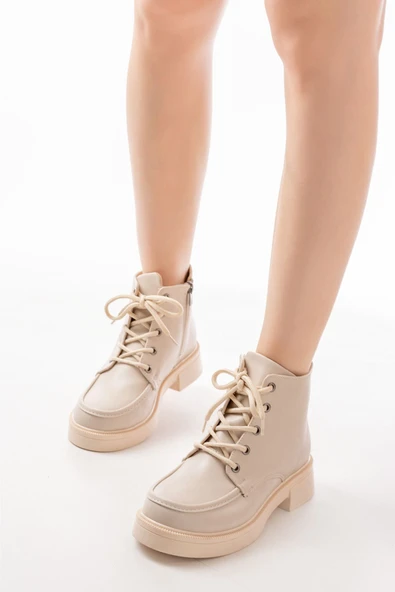 02-2001 Bej Bağcıklı Fermuarlı Günlük Kadın Bot - Resim 3