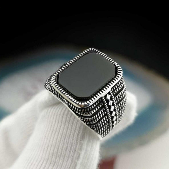 Siyah Dikdörtgen Oniks Taşlı 925 Ayar Gümüş Yüzük ürün görseli