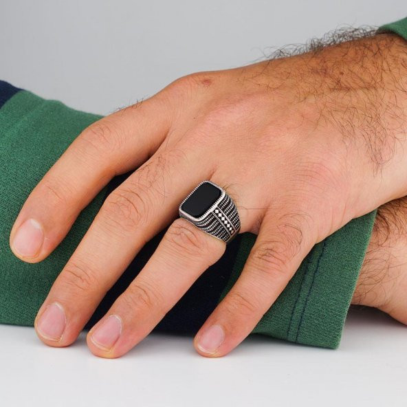 Siyah Dikdörtgen Oniks Taşlı 925 Ayar Gümüş Yüzük - Resim 2