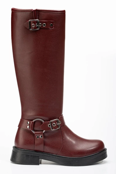 Çizme02-312 Bordo Toka Aksesuarlı Fermuarlı Günlük Kadın Çizme - Resim 8