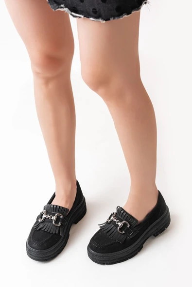 Vivole Shoes 749-750 Siyah Süet Tokalı Günlük Yüksek Tabanlı Loafer Ayakkabı - 2
