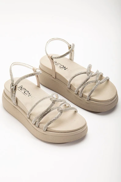 24422-1221 Bej Dolgu Topuk Kadın Sandalet - Resim 3