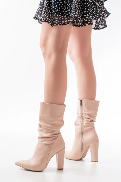 VRT-4815 Bej Yüksek Kalın Topuklu Körüklü Fermuarlı Kadın Bot - Resim 4
