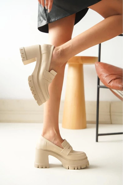 NVL-506 Bej Günlük Yüksek Topuklu Platform Loafer Kadın Ayakkabı topuklu  ayakkabı - Resim 4