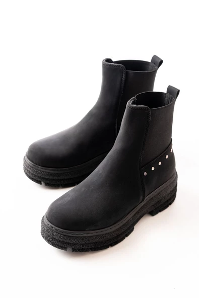 749-2005 Siyah Süet Düz Topuklu Lastikli Günlük Kadın Bot - Resim 3