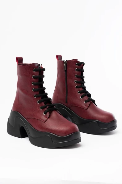 FZ-2550 Bordo Yüksek Tabanlı Bağcıklı Fermuarlı Günlük Kadın Bot - Resim 4