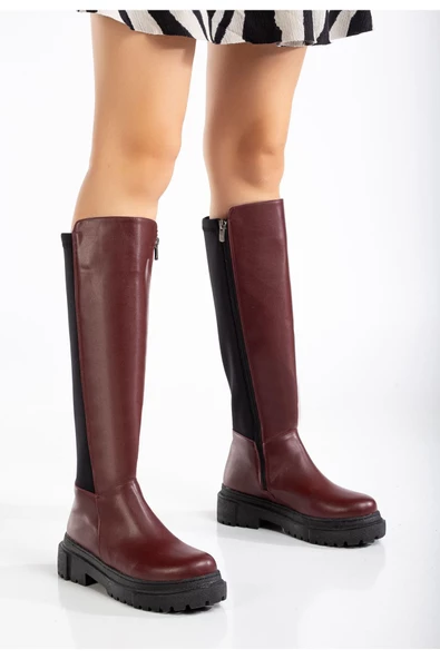Bordo Arkası Streç Fermuarlı Günlük Kadın Çizme - Resim 4