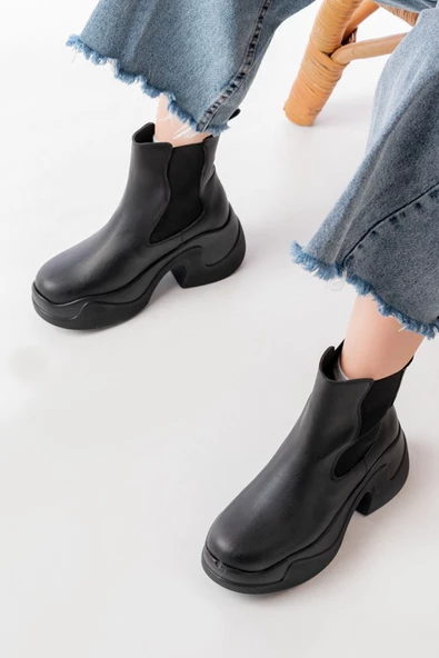 FZ-2400 Siyah Yüksek Tabanlı Lastikli Günlük Kadın Bot - Resim 5
