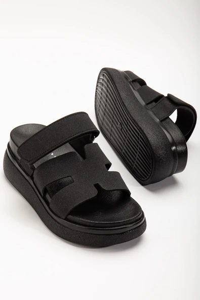 24422-hermes Siyah Dolgu Topuk Kadın Sandalet ürün görseli