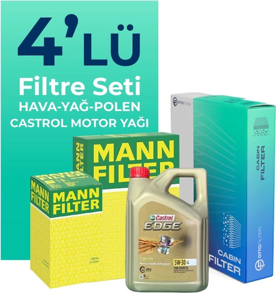 MANN Toyota Corolla 1.33 Benzin Filtre Bakım Seti Castrol Motor Yağlı (2013-2018) 4 Lü