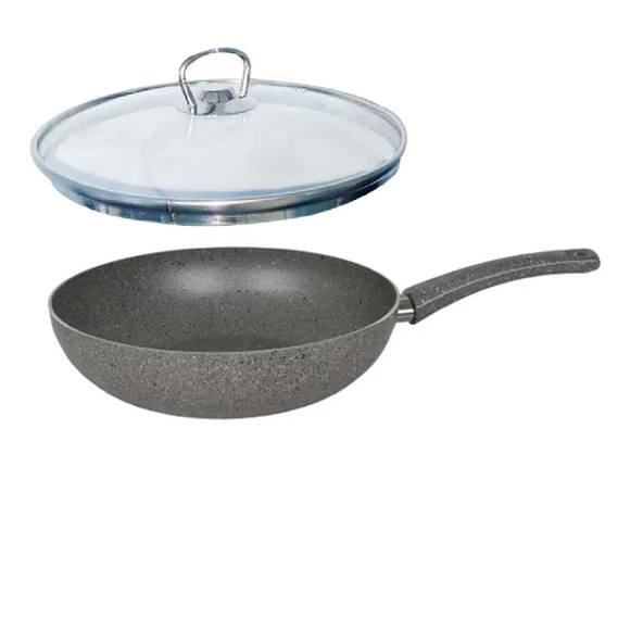 Mehtap Granit Wok Tava 28 CM Cam Kapaklı