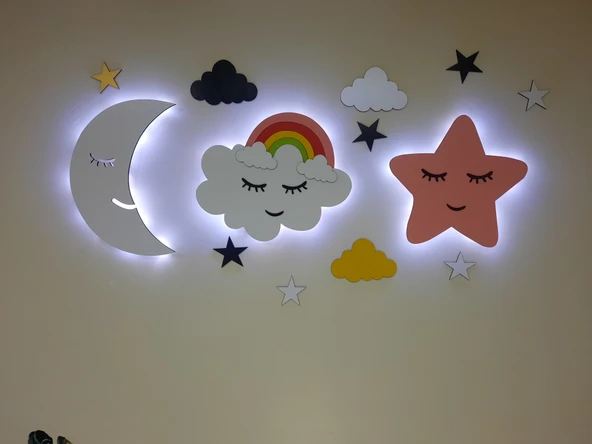 Lowenart Çocuk Odası Dekoratif Ahşap Ay Gökkuşağı Bulut Yıldız Gece Lambası Ledli Aydınlatma