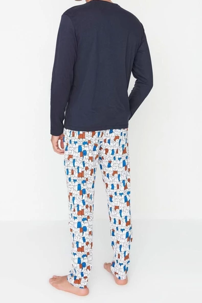 Erkek %100 Pamuk Bisiklet Yaka Uzun Kol Regular Fit Baskılı Pijama Takımı - 4