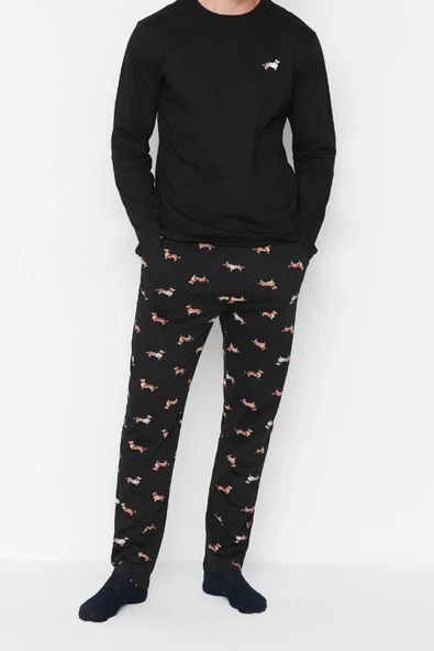 Erkek Pamuklu Bisiklet Yaka Uzun Kol Regular Fit Hayvan Desenli Örme Pijama Takımı