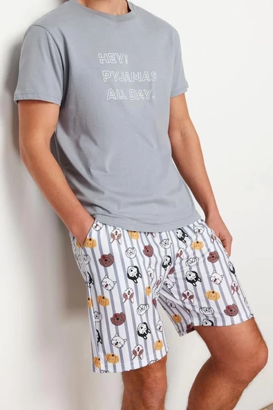 Erkek %100 Pamuk Bisiklet Yaka Kısa Kol Regular Fit Baskılı Örme Şortlu Pijama Takımı - 3