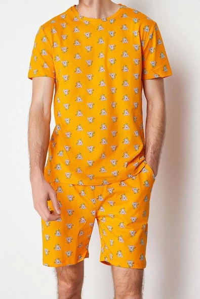 Erkek %100 Pamuk Bisiklet Yaka Kısa Kol Regular Fit Koala Baskılı Örme Şortlu Pijama Takımı