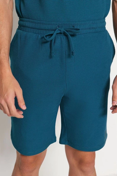 Erkek Pamuklu Bisiklet Yaka Kısa Kol Regular Fit Dokulu Örme Şortlu Pijama Takımı - 5