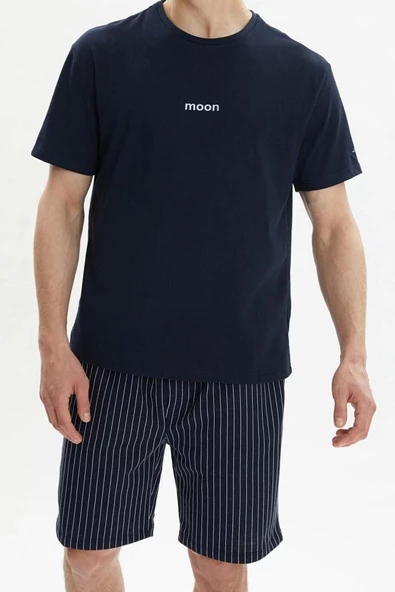 Erkek Pamuklu Bisiklet Yaka Kısa Kol Regular Fit Baskılı Örme Yazlık Şortlu Pijama Takımı