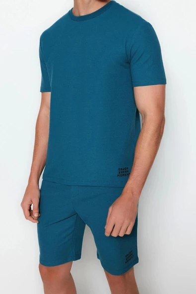 Erkek Pamuklu Bisiklet Yaka Kısa Kol Regular Fit Dokulu Örme Şortlu Pijama Takımı - 3