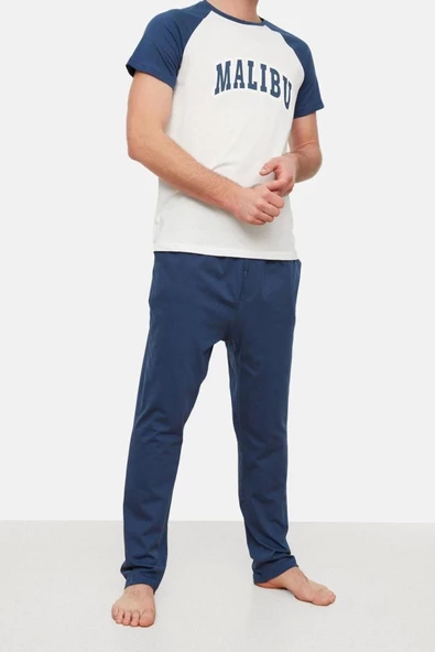 Erkek %100 Pamuk Bisiklet Yaka Kısa Kol Örme Pijama Takımı - 2