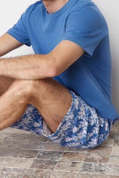 Erkek %100 Pamuk Bisiklet Yaka Kısa Kol Regular Fit Palmiye Baskılı Şortlu Pijama Takımı - 3