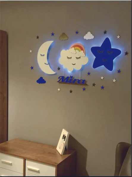 Lowenart Çocuk Odası Dekoratif Ahşap Ay Gökkuşağı Bulut Yıldız Gece Lambası Ledli Aydınlatma