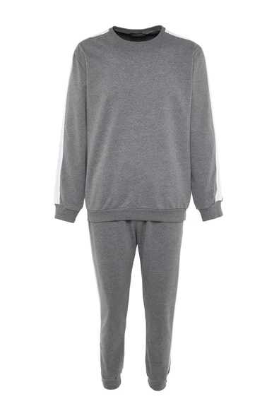 Erkek Pamuklu Bisiklet Yaka Uzun Kol Yanları Şeritli Örme Pijama Takımı