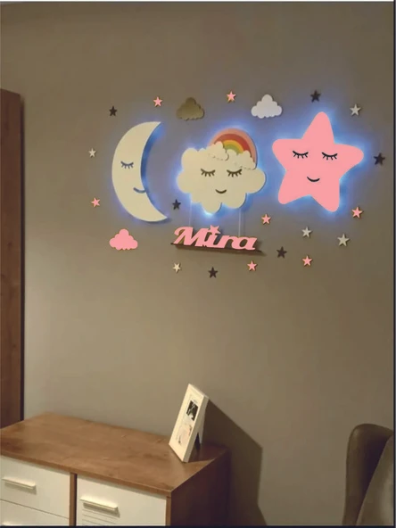 Lowenart Çocuk Odası Dekoratif Ahşap Ay Gökkuşağı Bulut Yıldız Gece Lambası Ledli Aydınlatma