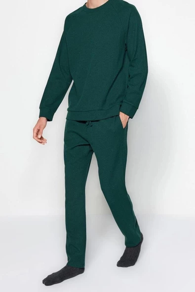 Erkek Polyester V Yaka Uzun Kol Regular Fit Waffle Örme Pijama Takımı
