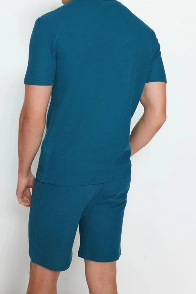 Erkek Pamuklu Bisiklet Yaka Kısa Kol Regular Fit Dokulu Örme Şortlu Pijama Takımı - 6