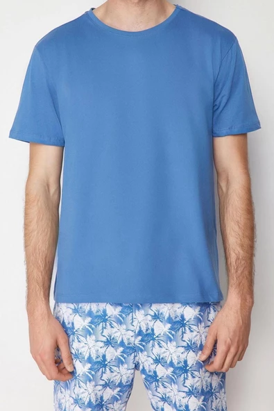 Erkek %100 Pamuk Bisiklet Yaka Kısa Kol Regular Fit Palmiye Baskılı Şortlu Pijama Takımı