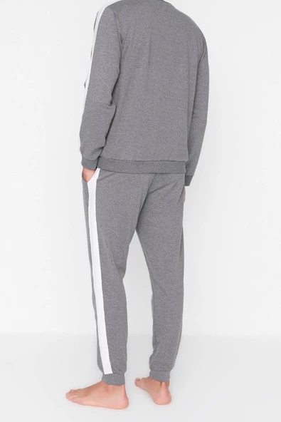 Erkek Pamuklu Bisiklet Yaka Uzun Kol Yanları Şeritli Örme Pijama Takımı - 6