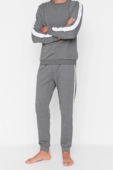 Erkek Pamuklu Bisiklet Yaka Uzun Kol Yanları Şeritli Örme Pijama Takımı - 3