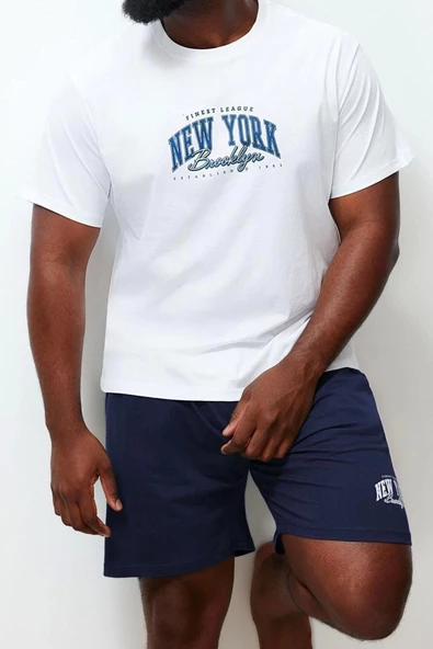 Büyük Beden Erkek Pamuklu Bisiklet Yaka Kısa Kol Ekru Regular Fit Baskılı Şortlu Pijama Takımı