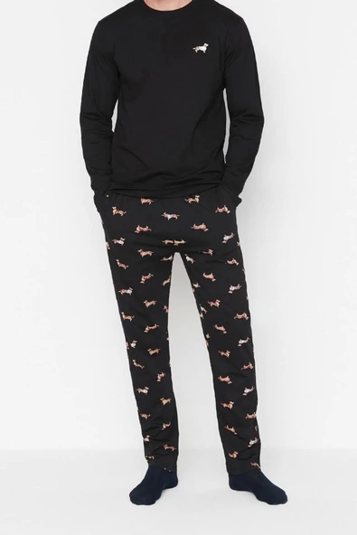 Erkek Pamuklu Bisiklet Yaka Uzun Kol Regular Fit Hayvan Desenli Örme Pijama Takımı - 2