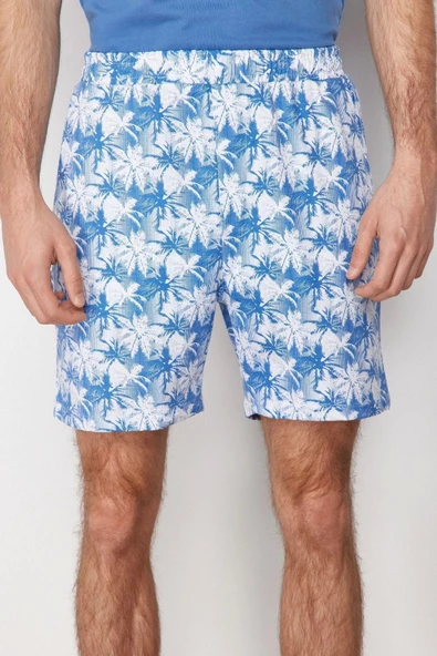 Erkek %100 Pamuk Bisiklet Yaka Kısa Kol Regular Fit Palmiye Baskılı Şortlu Pijama Takımı - 4