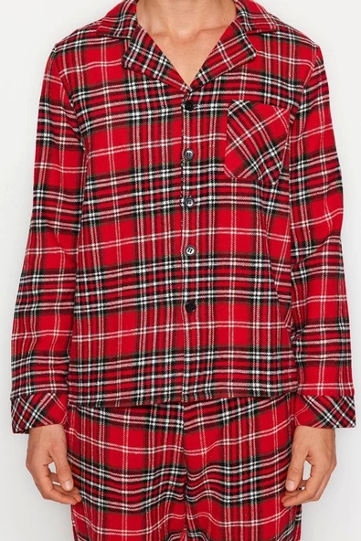 Erkek Polyester Gömlek Yaka Uzun Kol Regular Fit Ekose Dokuma Pijama Takımı - 3