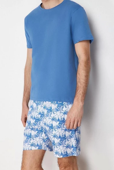 Erkek %100 Pamuk Bisiklet Yaka Kısa Kol Regular Fit Palmiye Baskılı Şortlu Pijama Takımı - 2