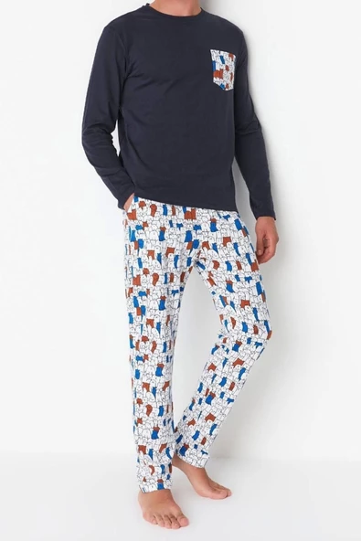 Erkek %100 Pamuk Bisiklet Yaka Uzun Kol Regular Fit Baskılı Pijama Takımı - 2