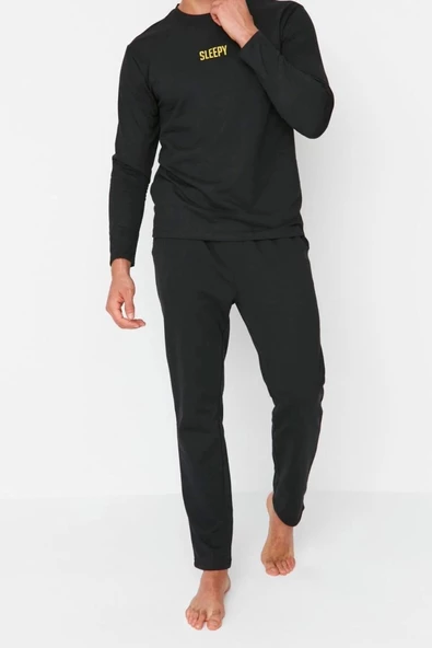 Erkek Polyester Bisiklet Yaka Uzun Kol Slogan Baskılı Regular Fit 2 iplik Örme Pijama Takımı